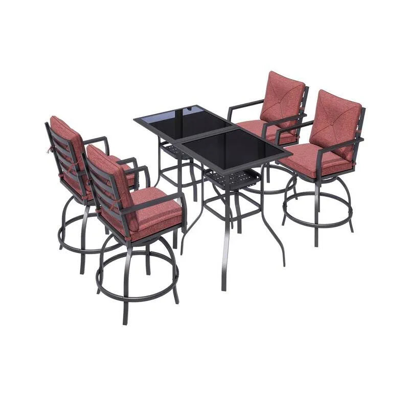 6 pièces Set de bistro extérieur en métal à 6 pièces, ensemble de bistro extérieur en métal avec coussins rouges