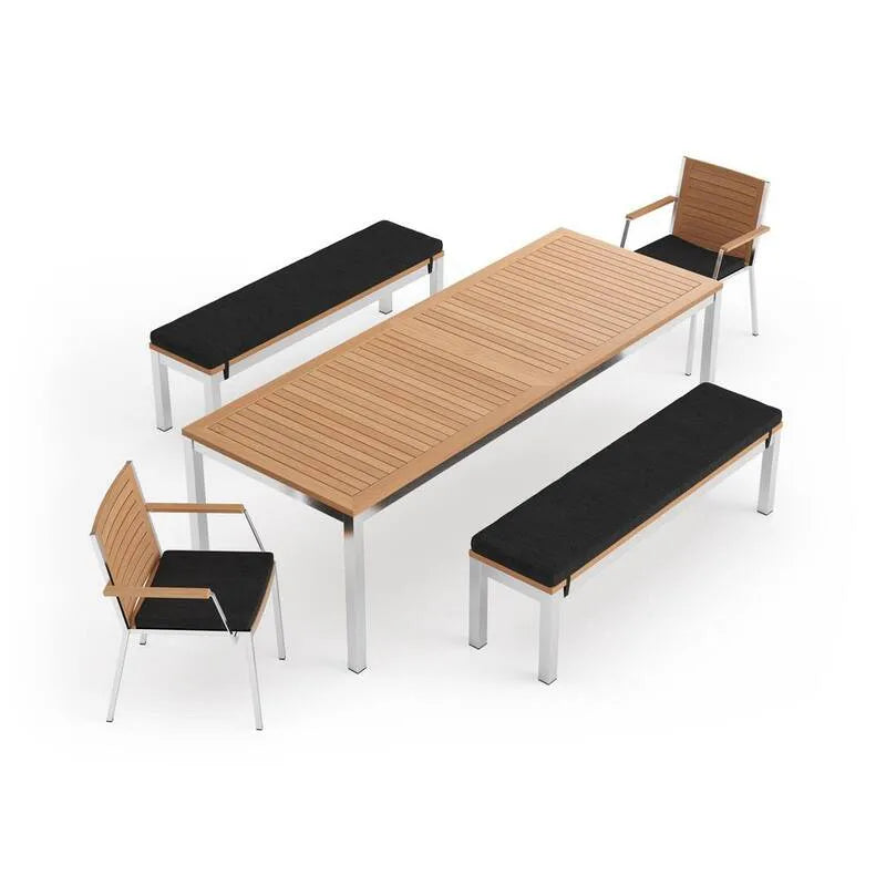 Ensemble de repas en teck d'acier extérieur, acier inoxydable, 96 po, 5 pièces, table et banc, 5 pièces, 96 in, Charbon de loft, Ensembles repas de jardin