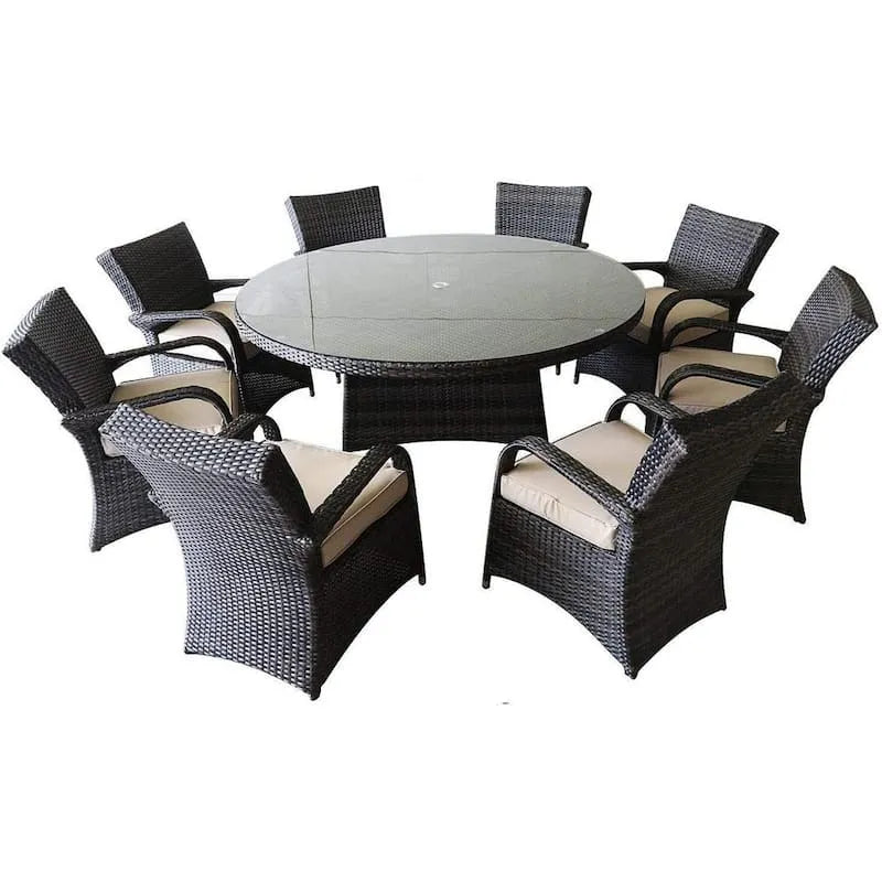 9 pièces Ensemble de salle à manger extérieure en osier en aluminium 9 pièces, beige, verre trempé