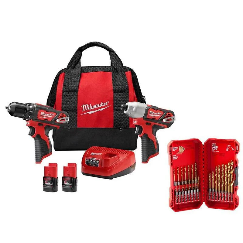 23 pièces 2-outil Milwaukee M12 12V Lithium-Ion 2-outil sans fil, 23-pièce, avec ensemble de bit de forage en titane, conception sans fil, plaques de titane