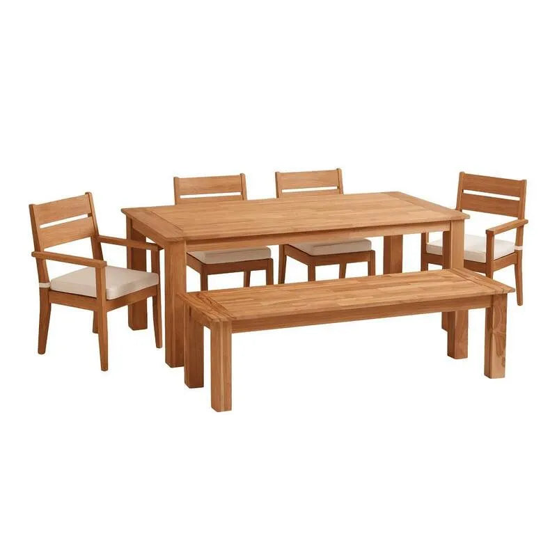 6 pièces Table en bois de teck à pièces table rectangulaire 6 pièces, Table en bois de teck brun naturel table rectangulaire à manger extérieure avec des coussins blancs anciens en polyester, Callahan