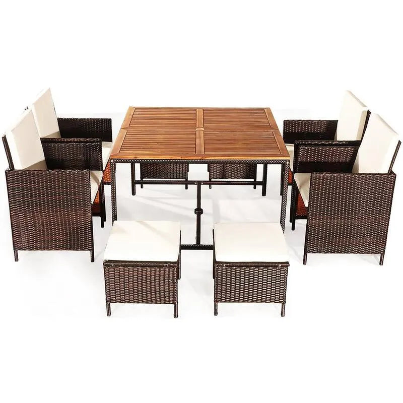 9 pièces Ensemble de repas extérieur carré en osier 9 pièces, 29, 5 po, 29, 5 po. Ensemble de repas extérieur carré en osier avec coussin blanc, 29.5 in