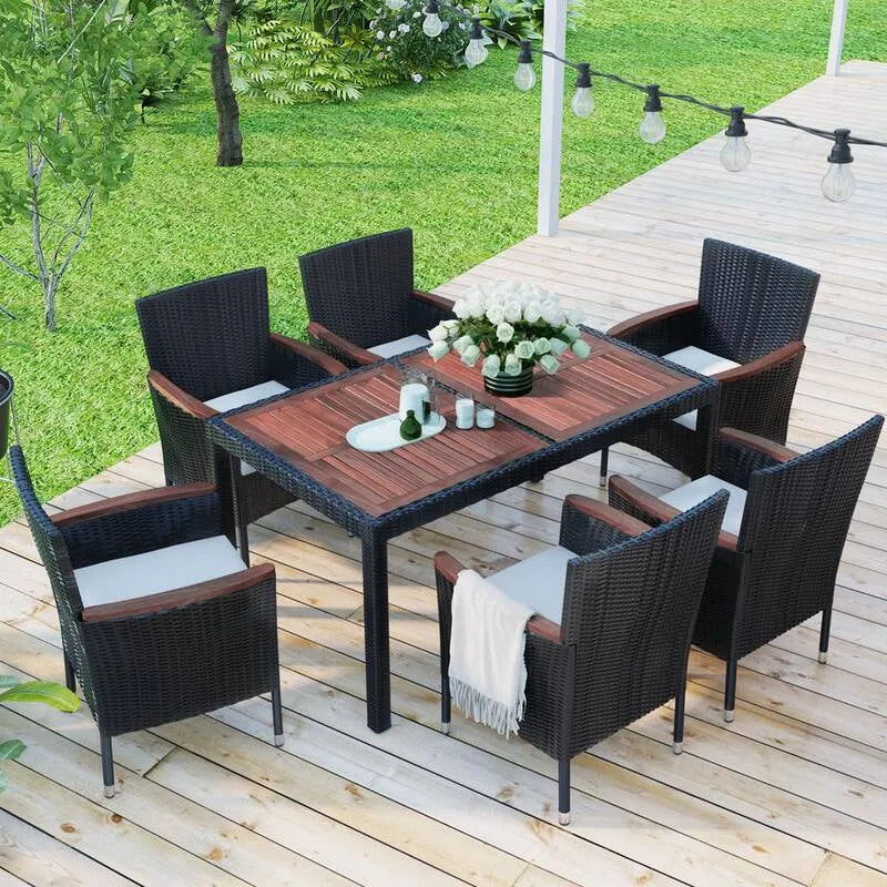 7 pièces Ensemble de repas extérieur en osier brun, 7 pièces, ensemble de repas extérieur en osier brun avec coussins beiges, Ensembles repas de jardin