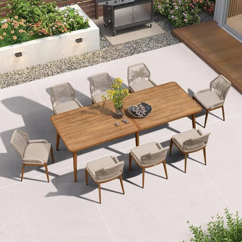 9 pièces Ensemble de salle à manger extérieur en aluminium 9 pièces, ensemble de salle à manger extérieur en aluminium Table en osier et chaises avec coussins, patio